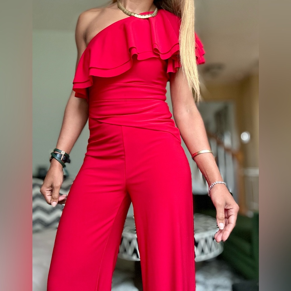 Ralph Lauren Ruffled Red Cold Shoulder Wide Leg Jumpsuit Onesie